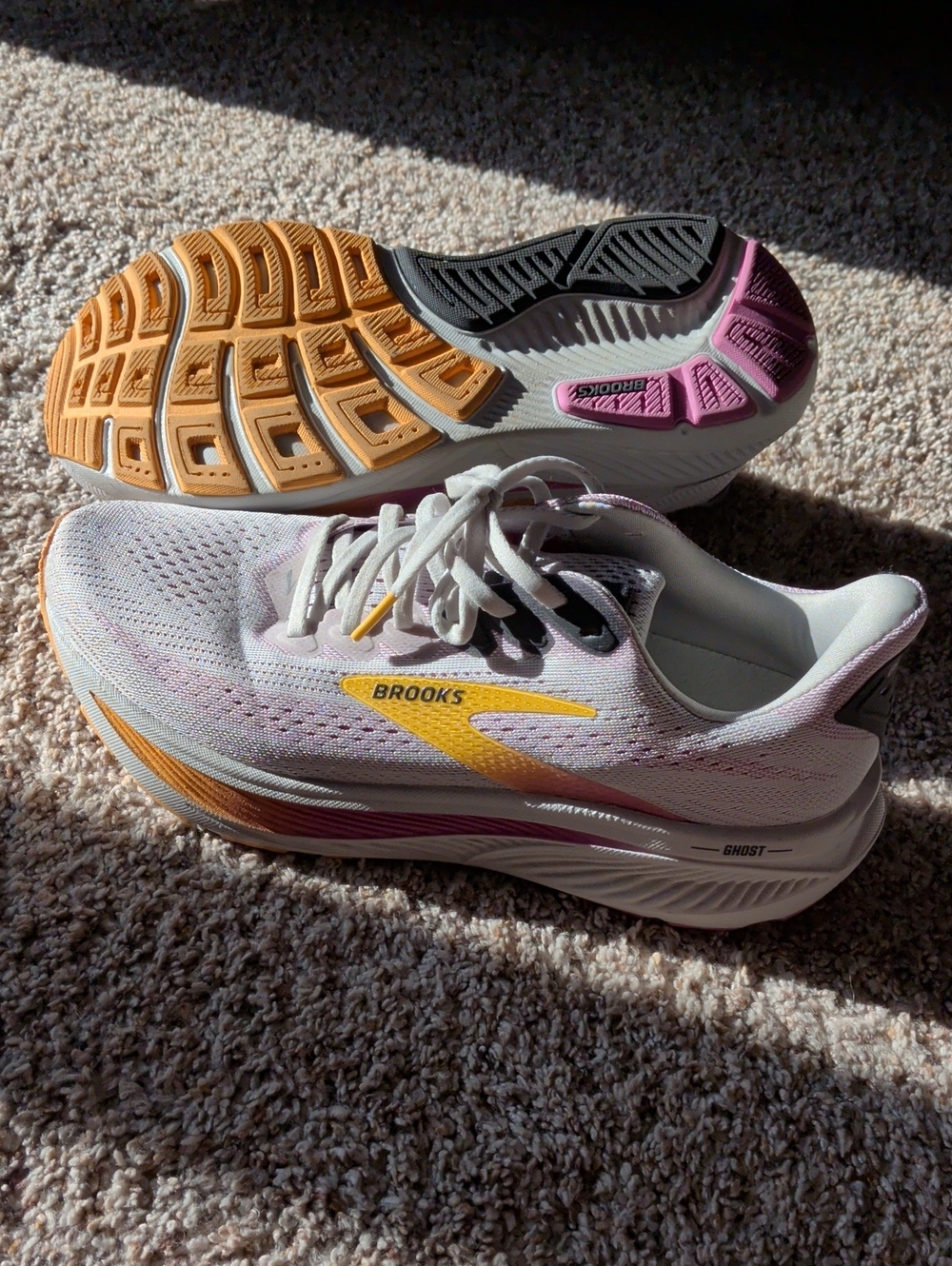 Brooks Ghost Women's Running Shoes - White with Yellow & Pink Accents